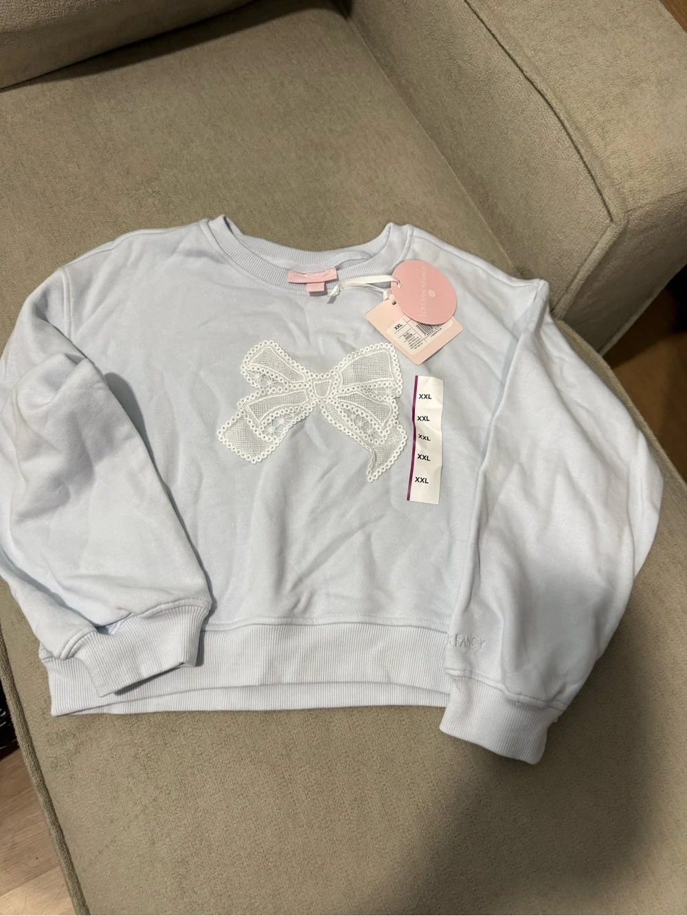 LoveShackFancy Kids Pastel Blue Sweater with Lace Bow Appliqué
